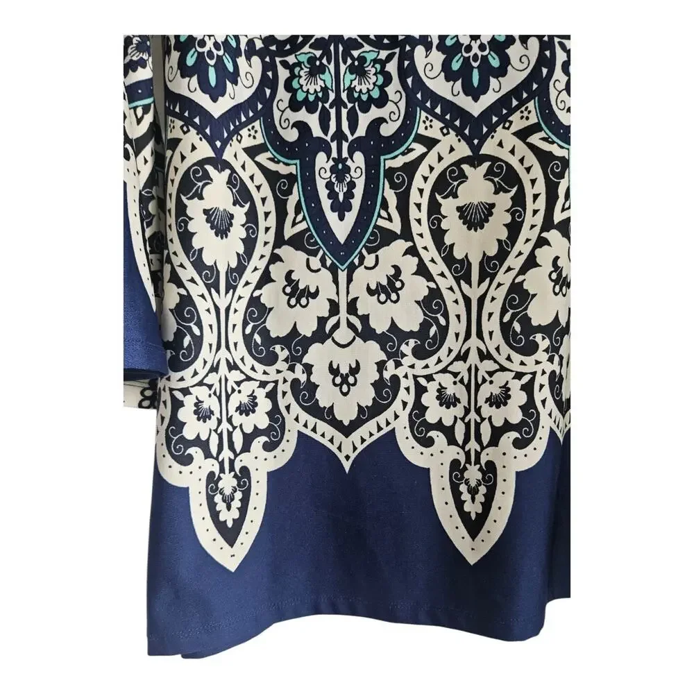 Melissa Paige Womens LG Tunic Top Blouse L/S Keyhole Neck Floral Bell Sleeves